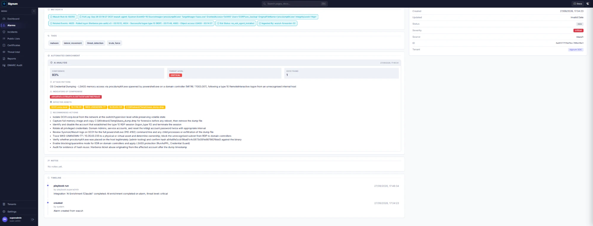 Signum AI analysis with indicators and recommended actions