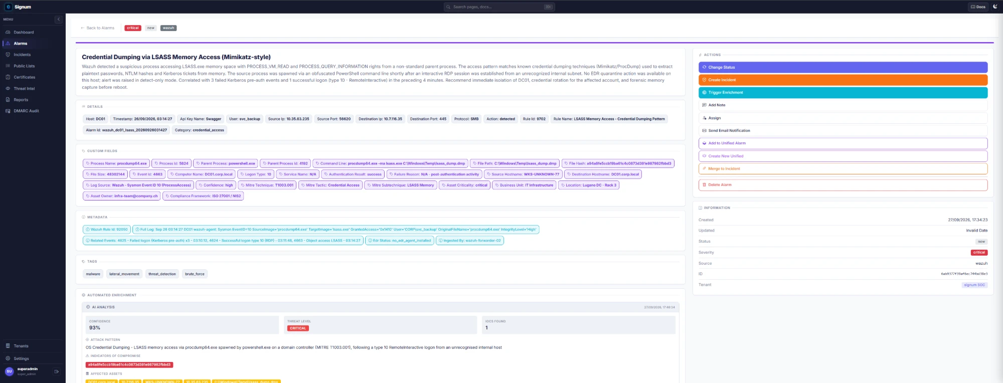 Signum alarm detail page with details and custom fields