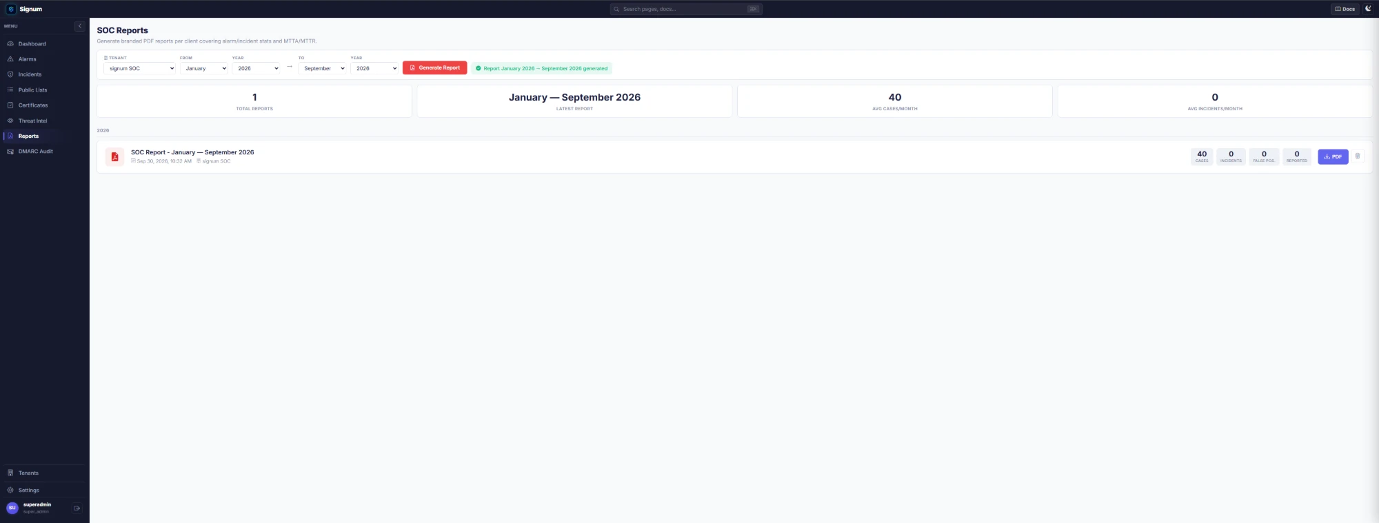 Signum report generator with a generated PDF report